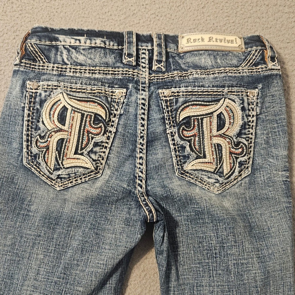 Rock Revival Eilish Mid Rise Skinny Jeans Womens 29 Blue Distressed Embroidered